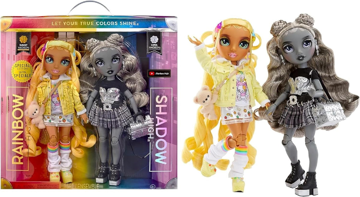 Ediție Specială Rainbow High Shadow High - Gemenele Madison Sunny și Luna - 2 păpuși la modă cu ținute galbene și gri de designer, mix & match, cu accesorii - Pentru colecționari și copii cu vârsta cuprinsă între 4 și 12 ani