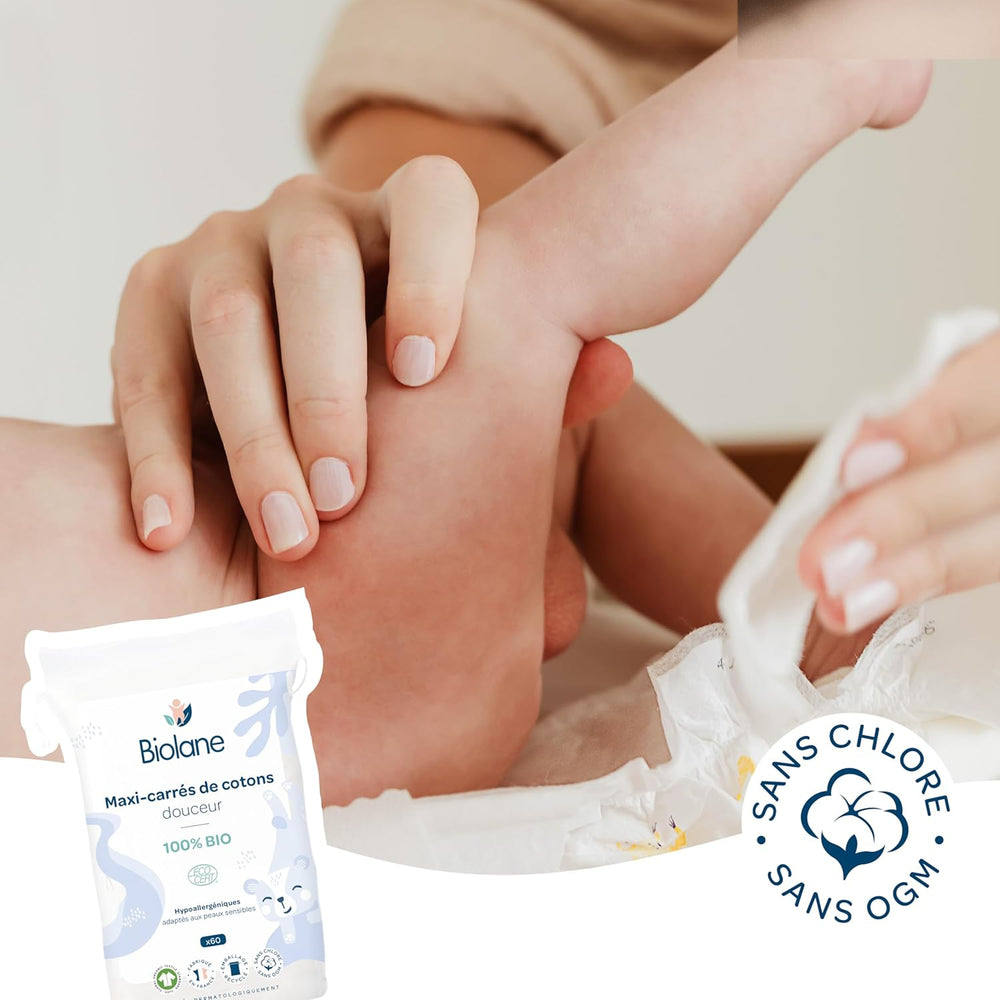 BIOLANE 12 Compresas Húmedas Maxi Cuadradas - Bebés - 100% Orgánico - 720 Algodón - para pieles sensibles - Cambiador y Aseo - desde el nacimiento - fabricadas en Francia