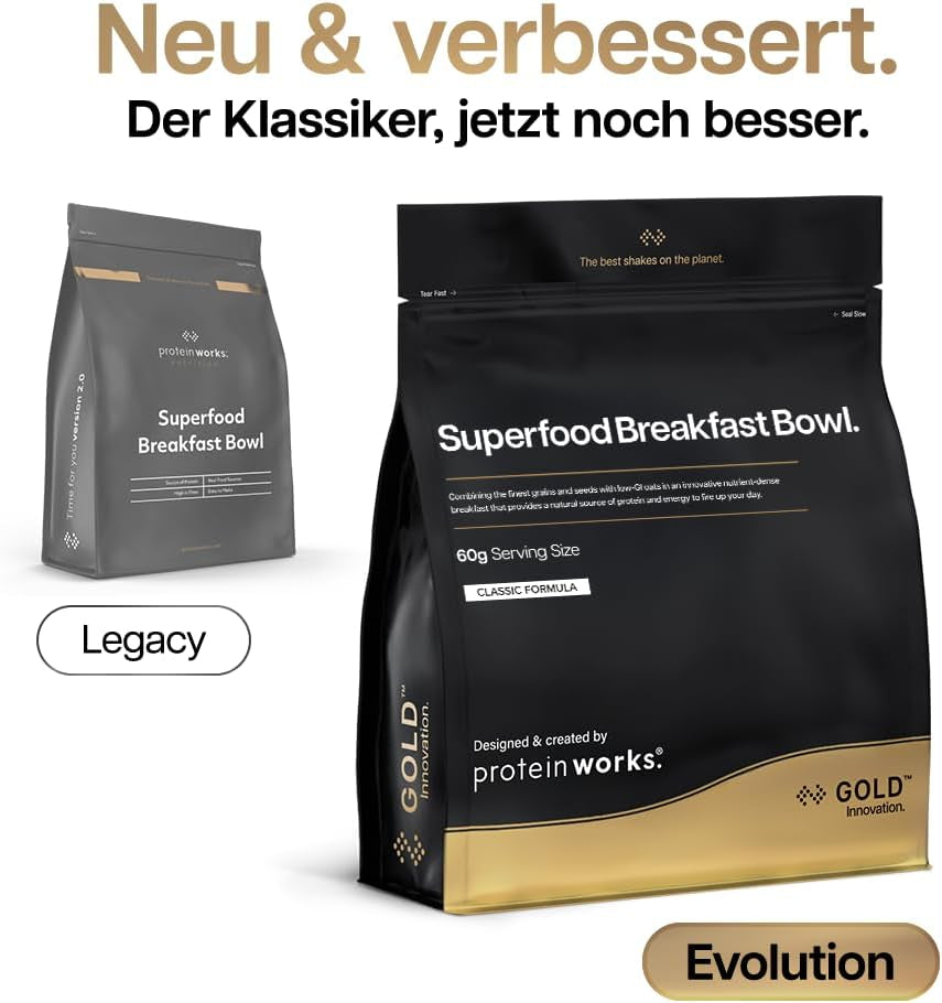 Funciona con proteínas | Superfood Breakfast - GOLD Innovation, Cereal galardonado, Muesli proteico, rico en nutrientes con cereales, semillas y avena, alto en fibra, manzana y canela, 10 porciones, 600 g