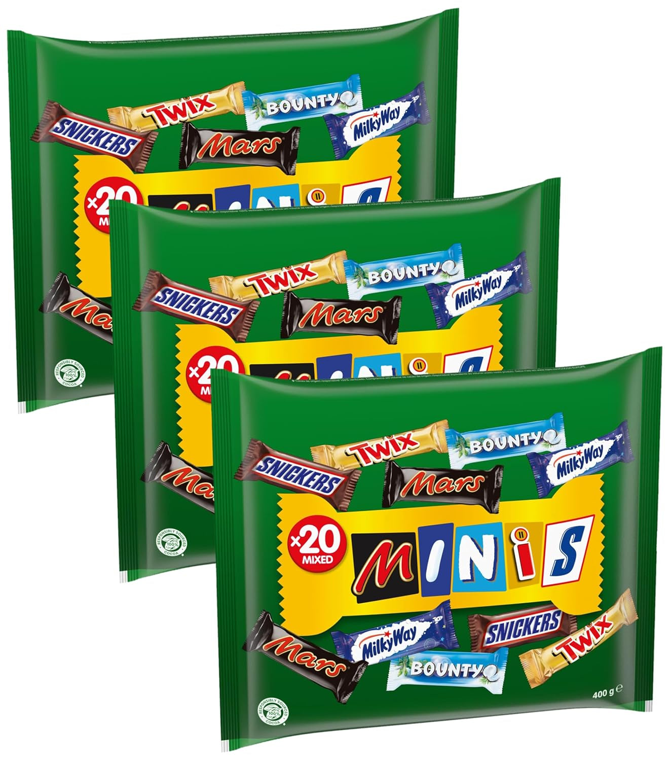 Mini paquete a granel de chocolate mixto, 20 mini snacks de chocolate (Mars, Snickers, Bounty, Twix, Milky Way), como caramelo, regalo de chocolate, caja de caramelos, 400 g