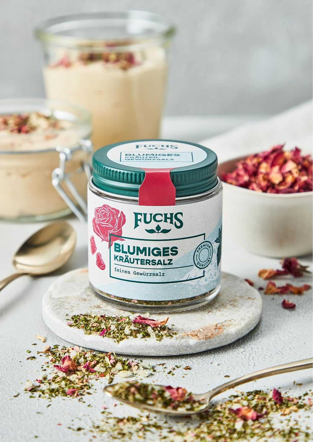 Fuchs Gewürze - Blumiges Kräutersalz | Gewürzsalz mit Rosenblütenblättern, Minze & Salz | Verfeinert Gemüse und Pasta-Gerichte | 45 g im wiederverschließbaren Gewürzglas