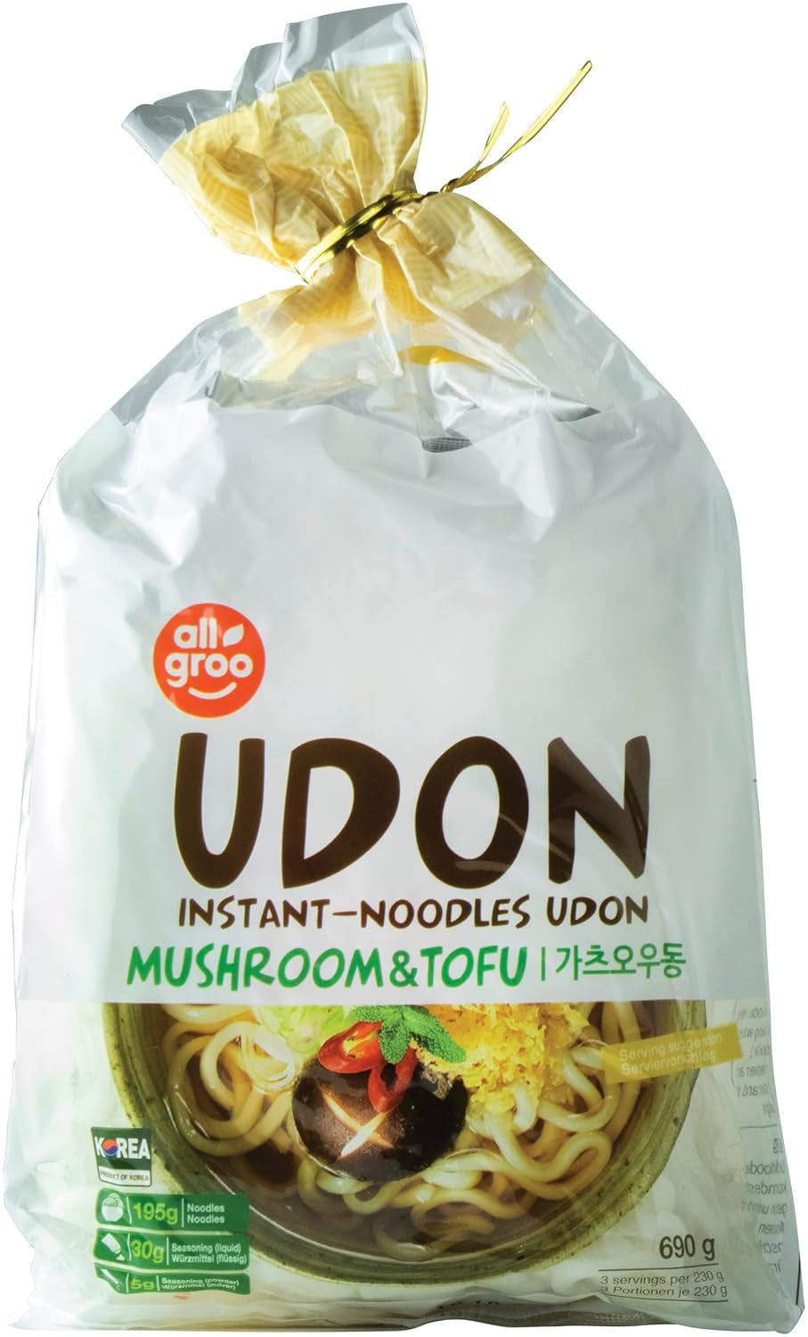 Allgroo Udon Instant Noodles - Sopa Udon picante, preparación rápida - Contiene 3 porciones - 1 x 690g