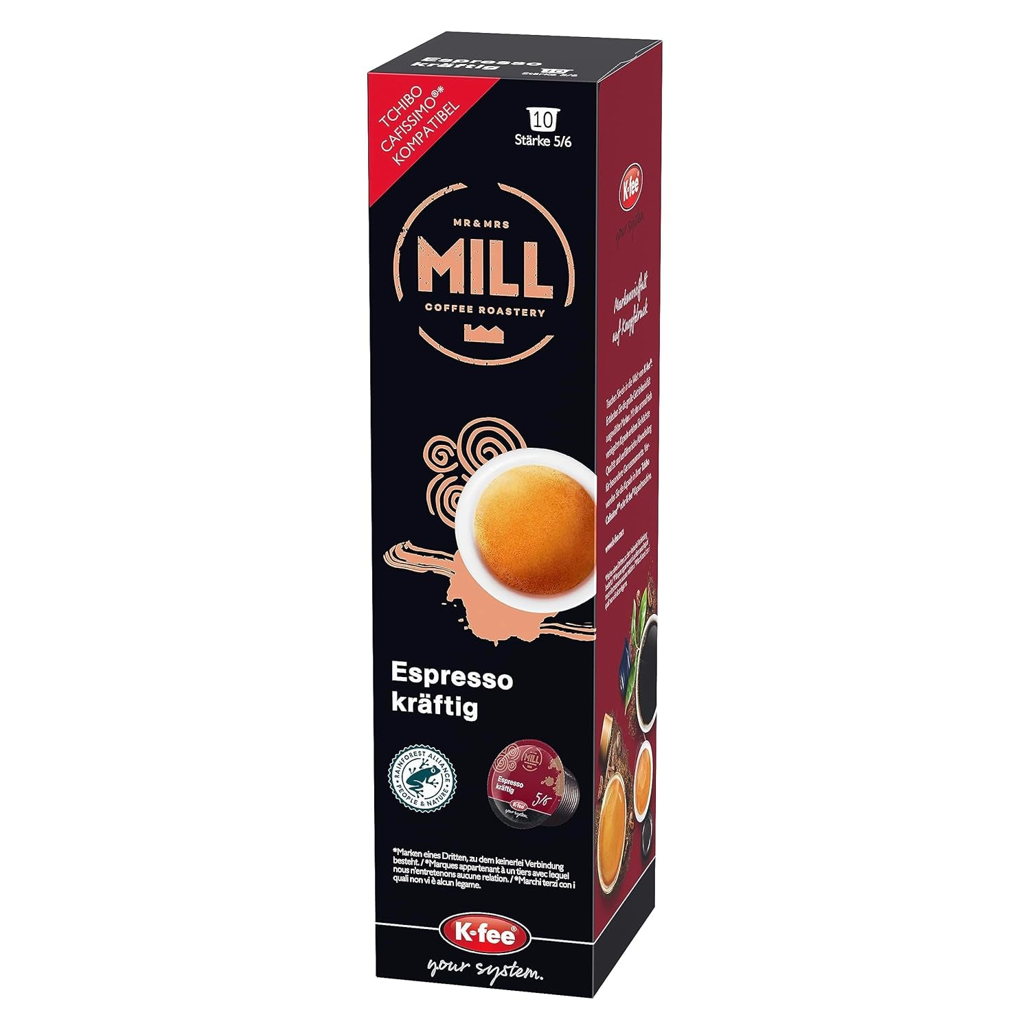 Mr & Mrs Mill Espresso kräftig, kompatibel mit K-fee & Tchibo Cafissimo*, Stärke 5/6, 120 Kaffeekapseln