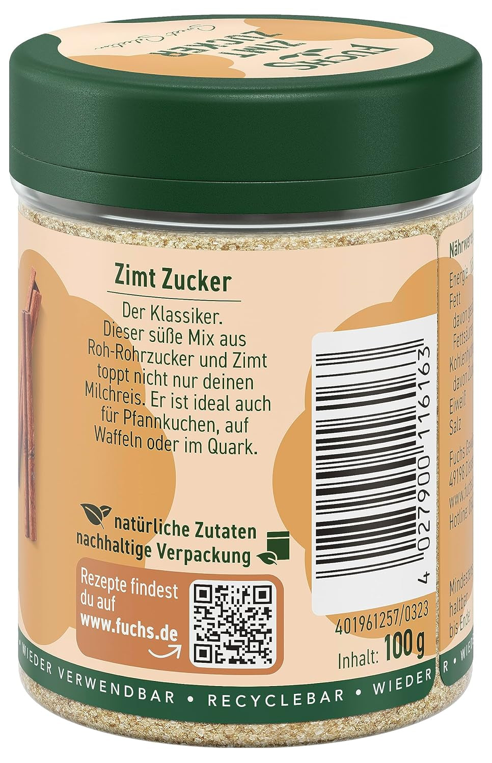 Fuchs Gewürze - Zimt Zucker - Klassiches Gewürz für Milchreis, Pfannkuchen oder Wafeln - aus natürliche Ingrediente - 100 g en wiederverwendbarer, recyclebarer Dosis