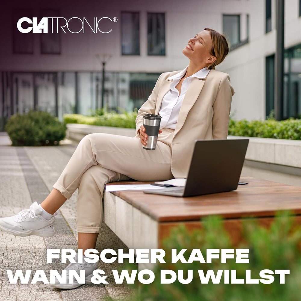 Espressor Clatronic | Cană de călătorie 400 ml | Compatibilă cu toate suporturile de pahare standard (de exemplu, pentru mașină) | Espressor cu filtru | Filtru permanent din nailon | Cană din oțel inoxidabil cu capac pentru aromă | KA 3733