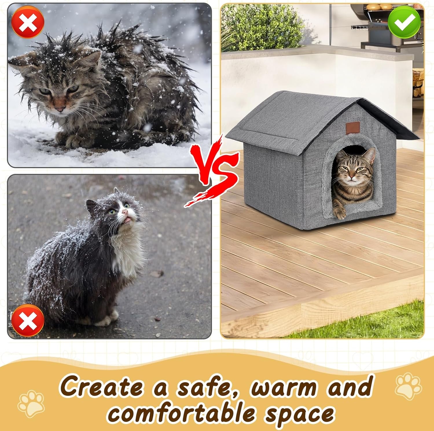 Katzenhaus Outdoor Winterfest, Katzenhöhle, Hundehöhle mit Abnehmbarem Plüschkissen, Wasserdicht Wetterfester, Hundehütte Indoor, Hundehaus für Drinnen/Indoor 35x30x35cm (Grau, S)