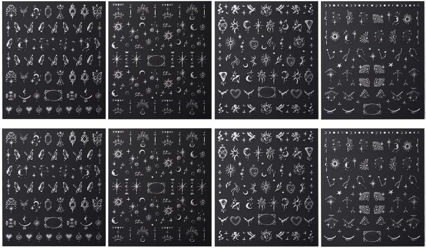 Autocolante 3D metalice argintii pentru unghii, autocolante pentru unghii pentru femei, stea, lună, soare, folie de unghii, autocolante autoadezive, autocolante fluture pentru unghii, autocolante pentru unghii, accesorii pentru design unghii, 8 bucăți