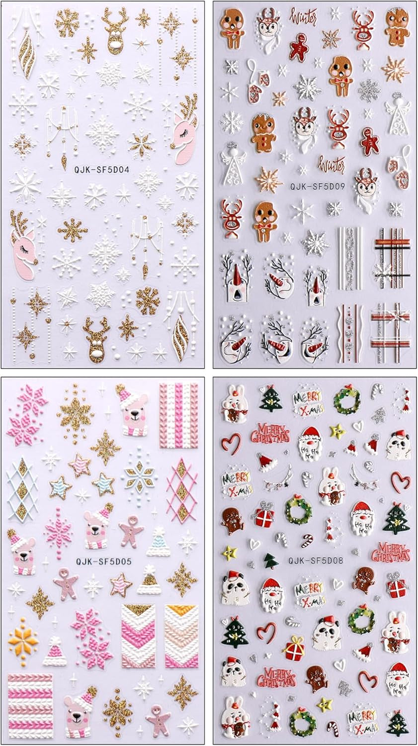 Autocolante 3D pentru unghii Crăciun, 4 foi autocolante 5D pentru unghii, autocolante stereoscopice pentru unghii, decorațiuni, accesorii pentru design unghii