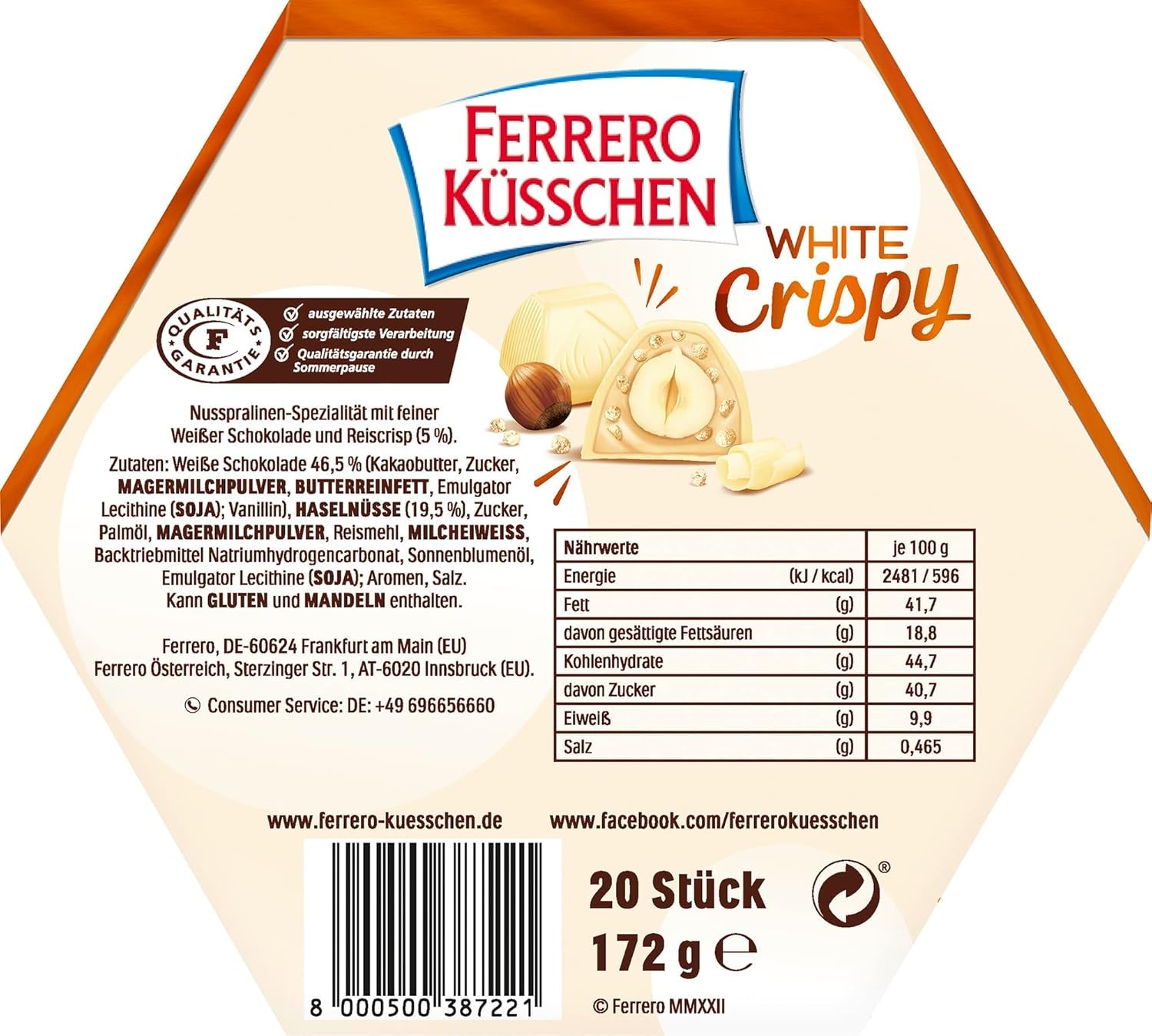 Ferrero Küsschen White Crispy - Regalo de San Valentín para él y para ella - Avellanas tostadas crujientes en crema ligera con chips crujientes, cubiertas de chocolate blanco, 1 paquete de 20 bombones individuales