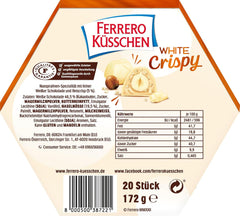 Ferrero Küsschen White Crispy - Regalo de San Valentín para él y para ella - Avellanas tostadas crujientes en crema ligera con chips crujientes, cubiertas de chocolate blanco, 1 paquete de 20 bombones individuales