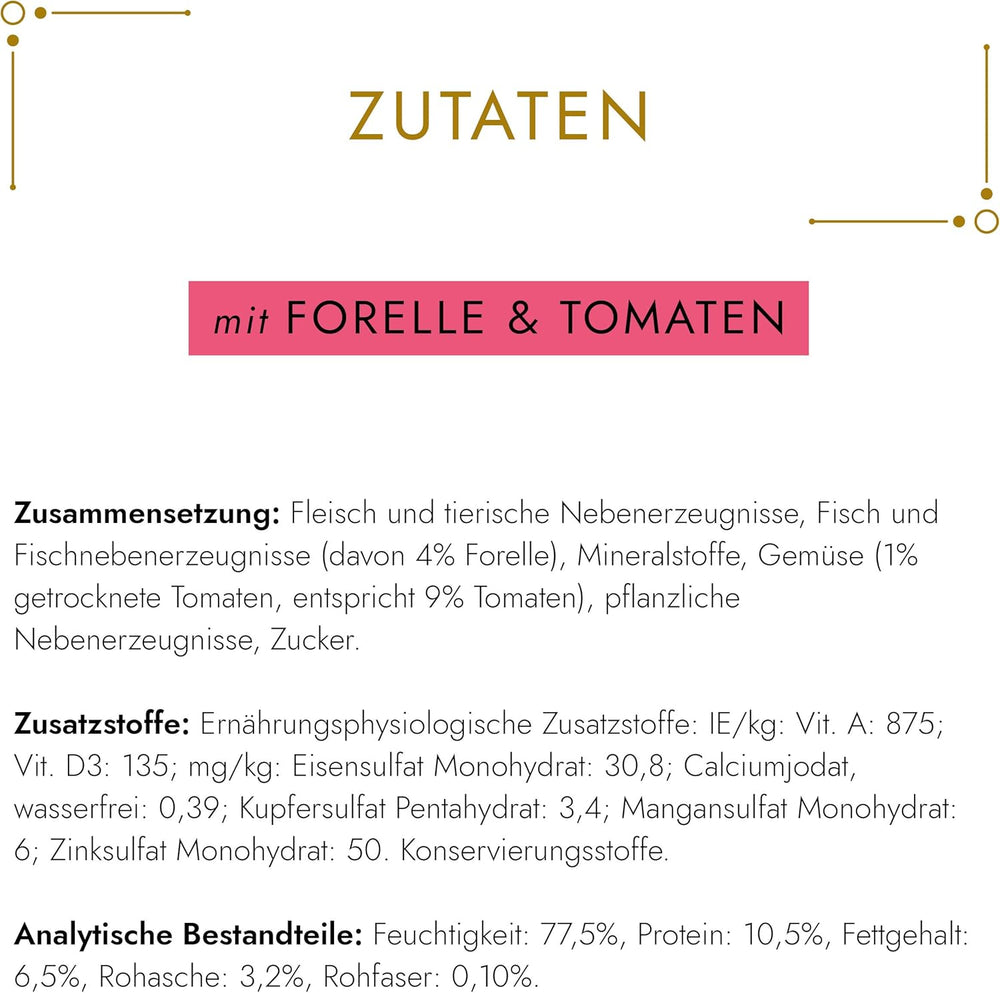 Pate fin Gourmet Gold cu legume, hrană umedă pentru pisici cu păstrăv și roșii, pachet de 12 (12 x 85g)