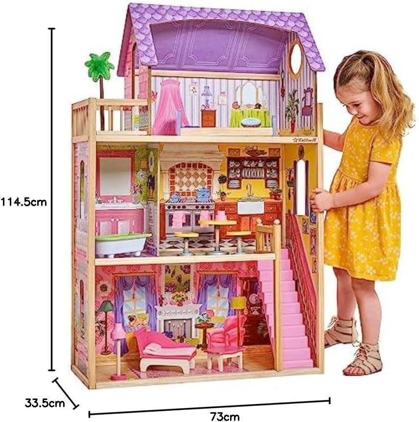 Casa de păpuși din lemn Kidkraft Kayla cu mobilier și accesorii, set de joacă cu 3 niveluri de joc pentru păpuși de 30 cm, jucărie pentru copii de la 3 ani, 65092 - Exclusiv pe Amazon Casute de papusi Naty Shop