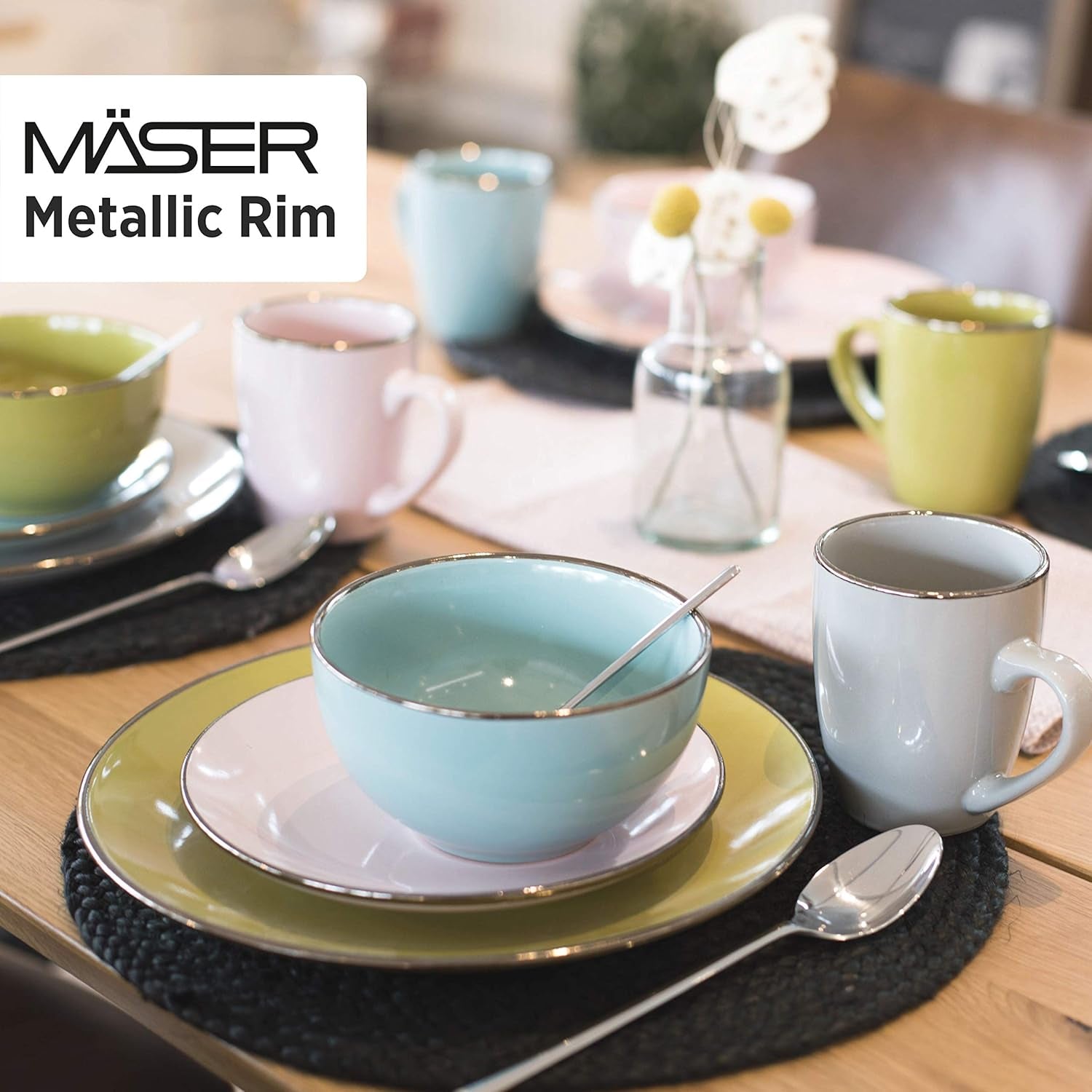 MÄSER Metallic Rim, Modernes Geschirr Set Für 4 Personen Mit Messingfarbenem Rand, 16-Teiliges Kombiservice Mit Randlosen Coupe-Formen, Steinzeug, Grau Juegos de vajilla Naty Shop