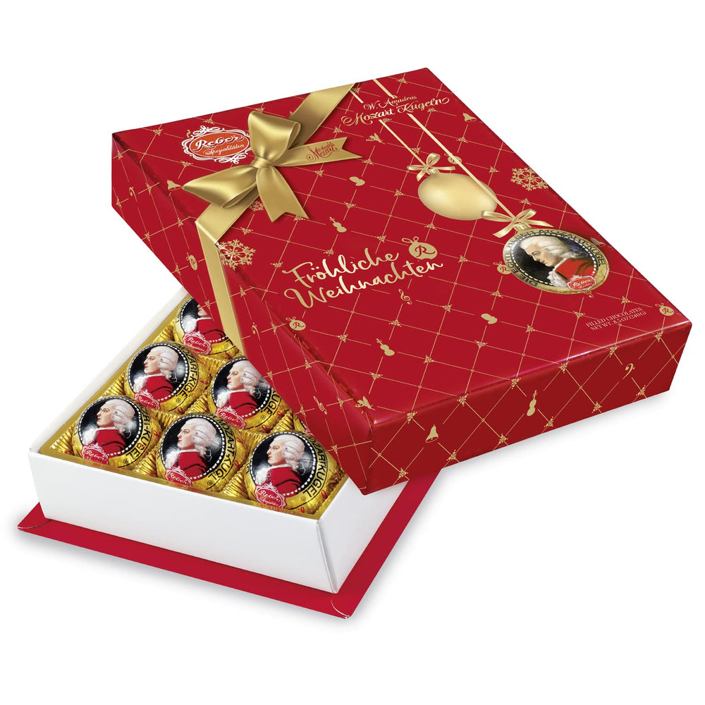 Reber Auténticas Bolas de Mozart Edición Navideña Bombones de Chocolate Negro Turrón de Mazapán Ideal Regalo de Navidad Paquete de 12