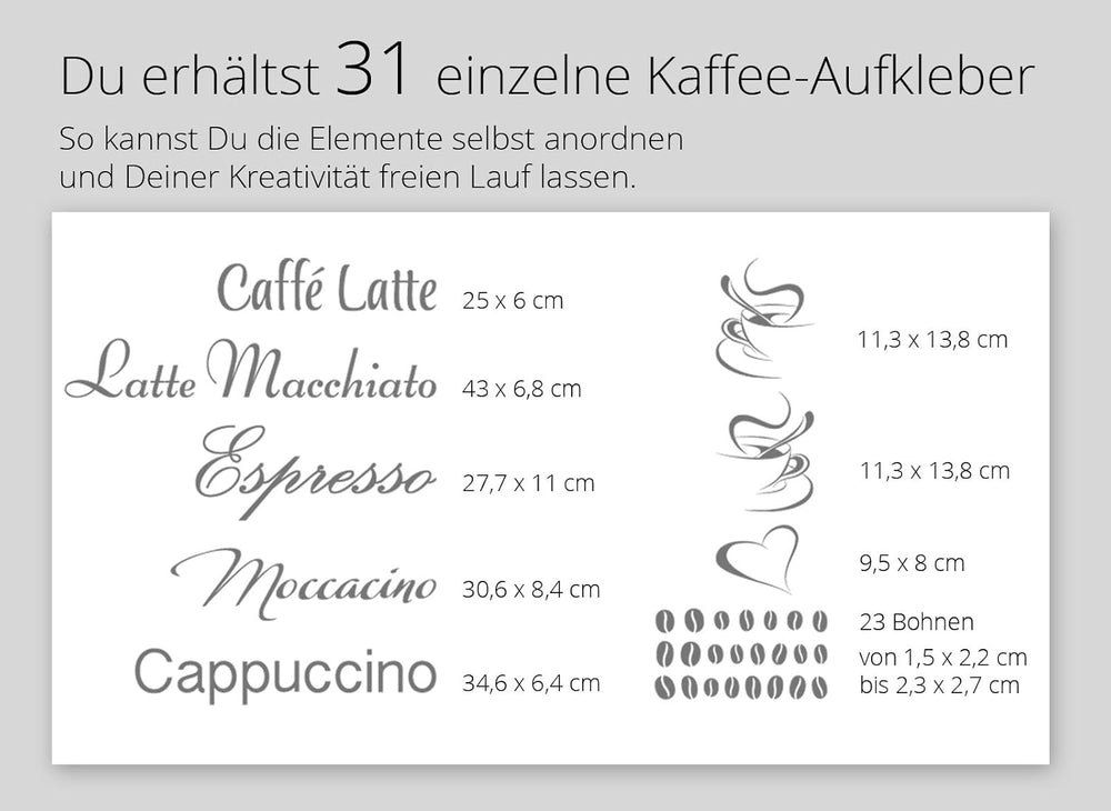 Wandtattoo Kaffee-Sorten I braun I Herz Kaffeetasse Kaffeebohnen Küche Esszimmer Sticker Aufkleber Wandaufkleber Wandsticker G006