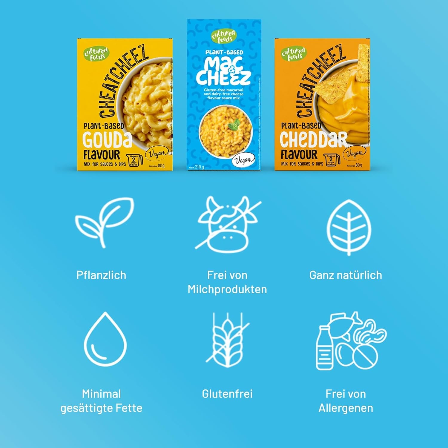 Cultured Foods Vegan Set de 3 macarrones con queso veganos, salsa gouda, salsa cheddar, macarrones sin gluten sin lactose y queso CHEATCHEEZ