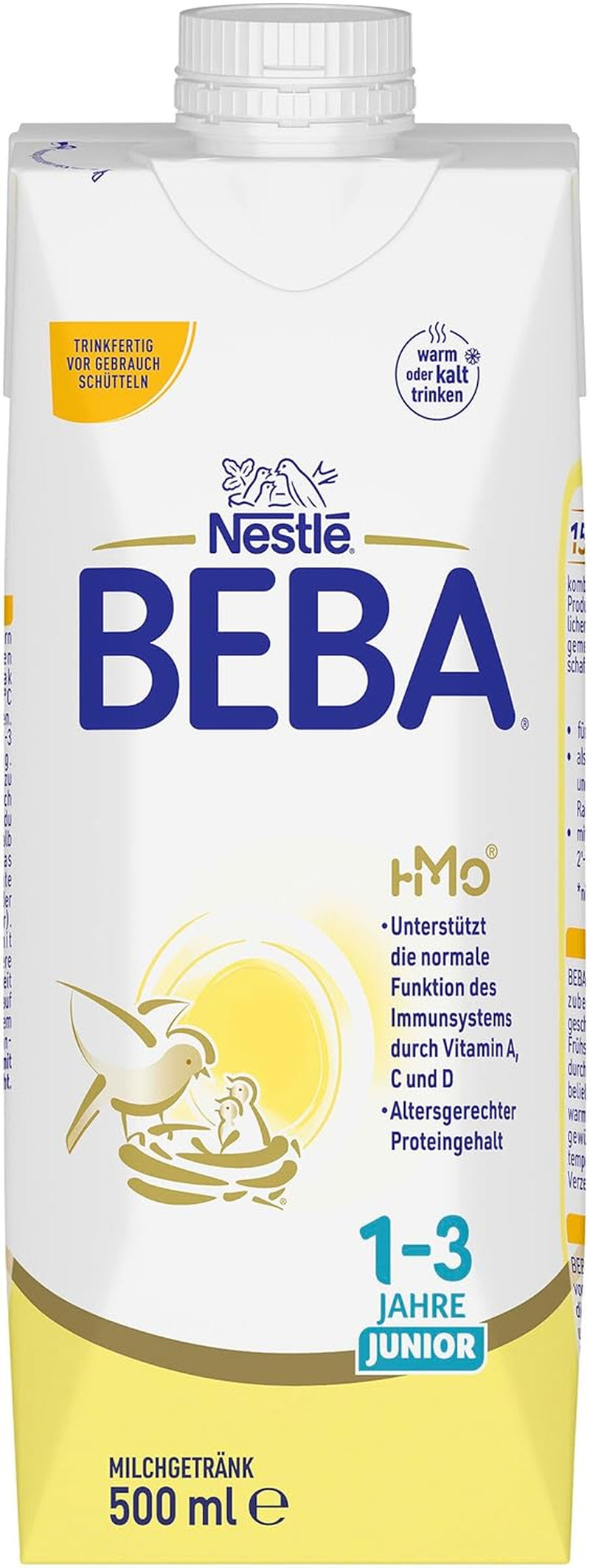 BEBA Bebida de leche lista para beber para niños de 1 a 3 años, con HMO, contenido de proteínas apropiado para la edad, sin aceite de palma, sin aceite de pescado, comida para niños pequeños, paquete de 12 (12 x 500 ml)