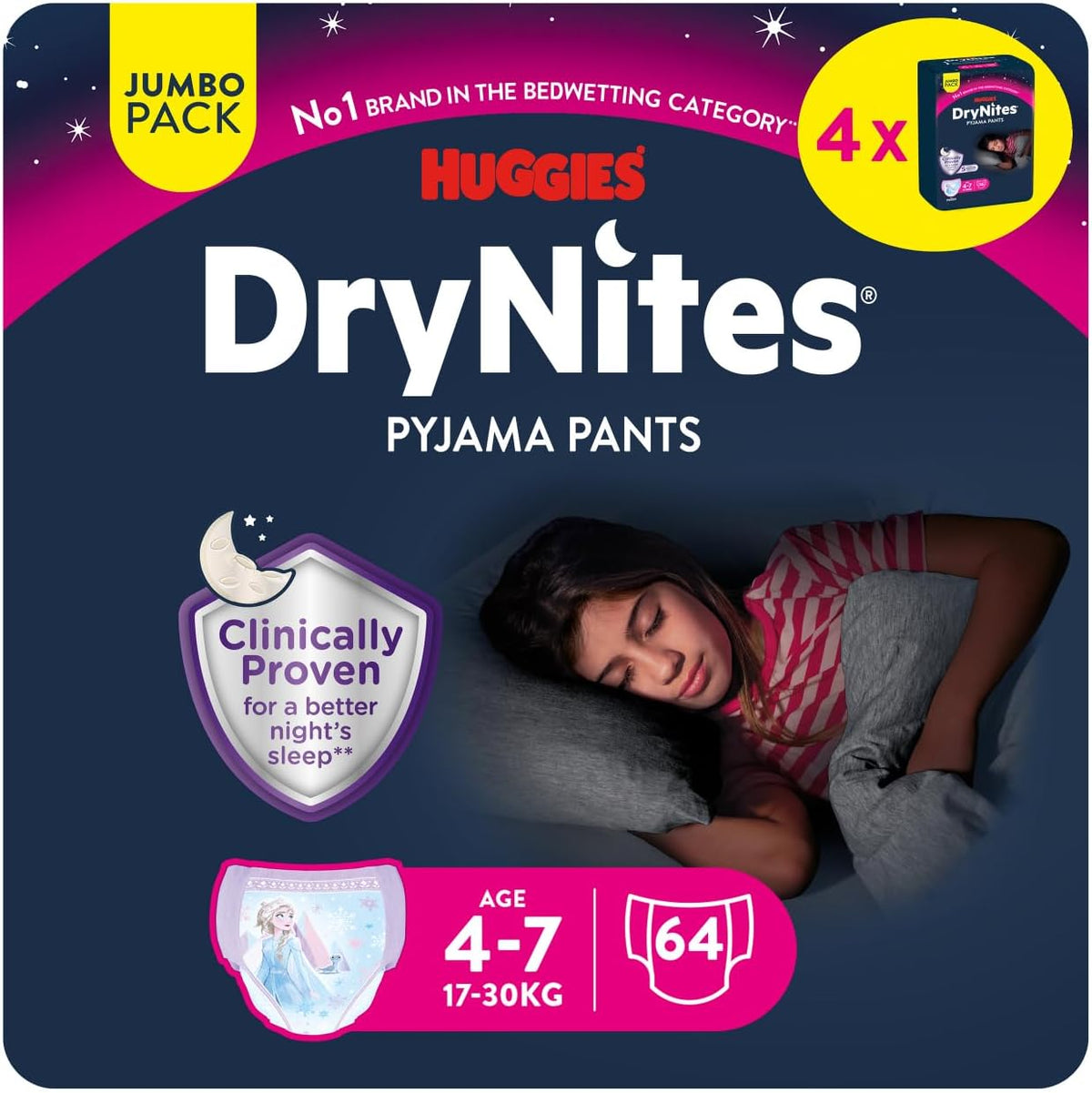 Huggies DryNites pañales nocturnos súper absorbentes para niñas de 4 a 7 años, 4 x 16 pañales tipo panty (64 unidades), paquete mensual