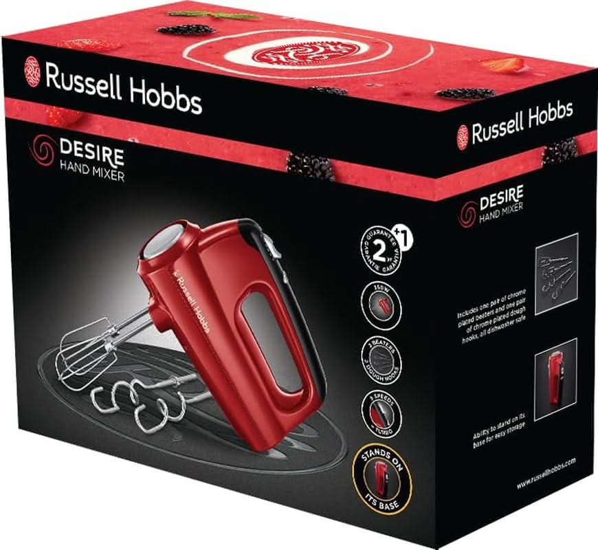 Batidora de mano Russell Hobbs [Handrührgerät] Desire Rot (5 Geschwindigkeitsstufen+Turbofunktion, 2 Spülmaschinengeeignete Rührbesen & Knethaken, Auswurftaste, Aufrechte Parkposition) Handrührer 24670-56 Cocina Naty Shop