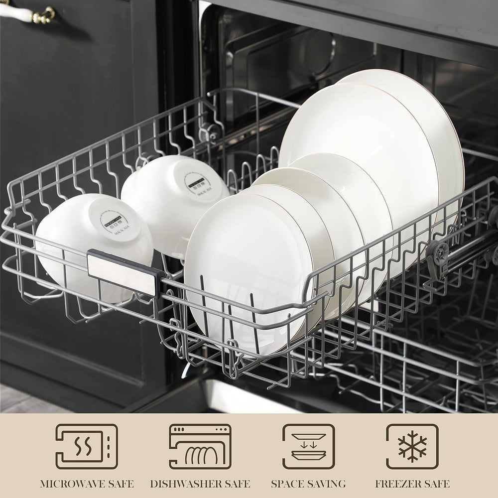 Set de veselă MALACASA pentru 4 persoane, set de veselă din porțelan os, format din 16 piese, set combinat rotund alb cu margine aurie, cu 4 farfurii de cină, 4 farfurii de desert, 4 farfurii de sumă și 4 boluri pentru cereale, seria NORI