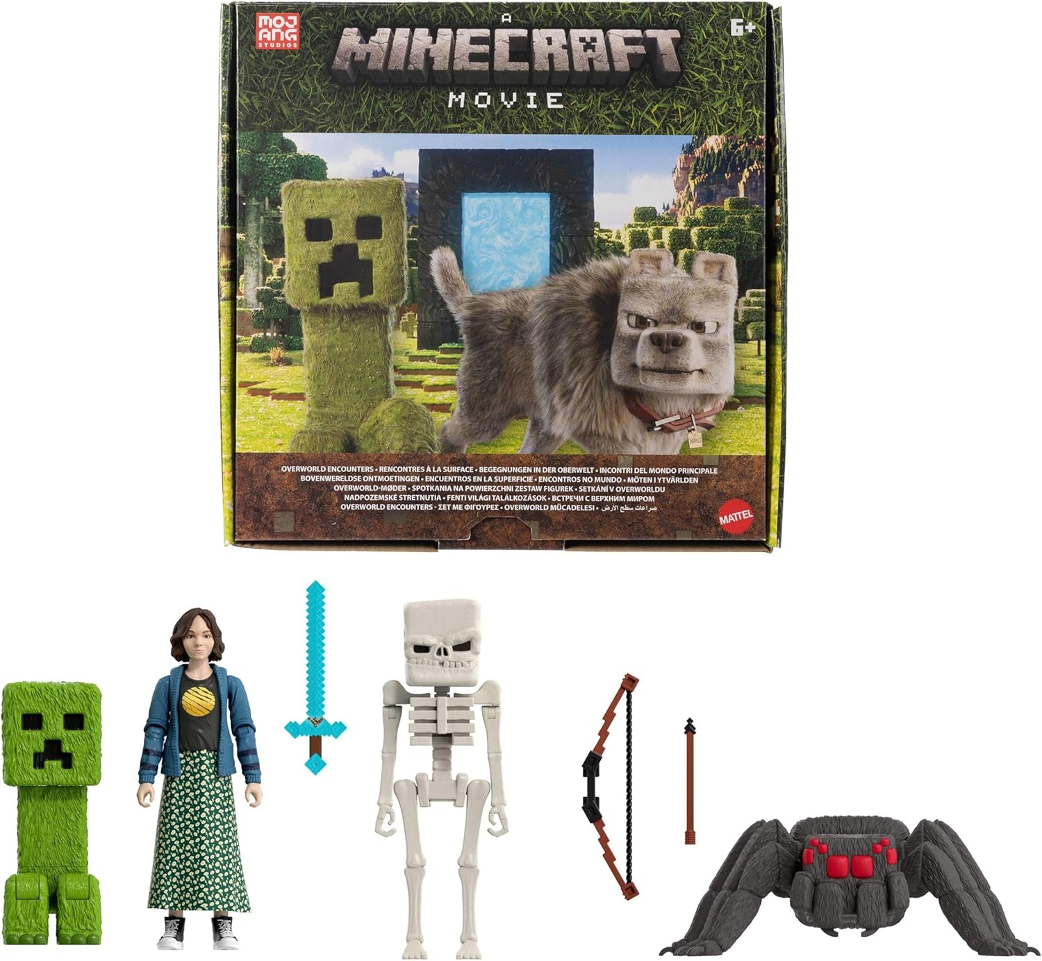 Mattel Minecraft Story Set cu 4 figurine de acțiune și 3 accesorii, Encounters In The Overworld Set, inspirat de un film Minecraft, jucărie de colecție, JFR70 Action figures Naty Shop Set de povești