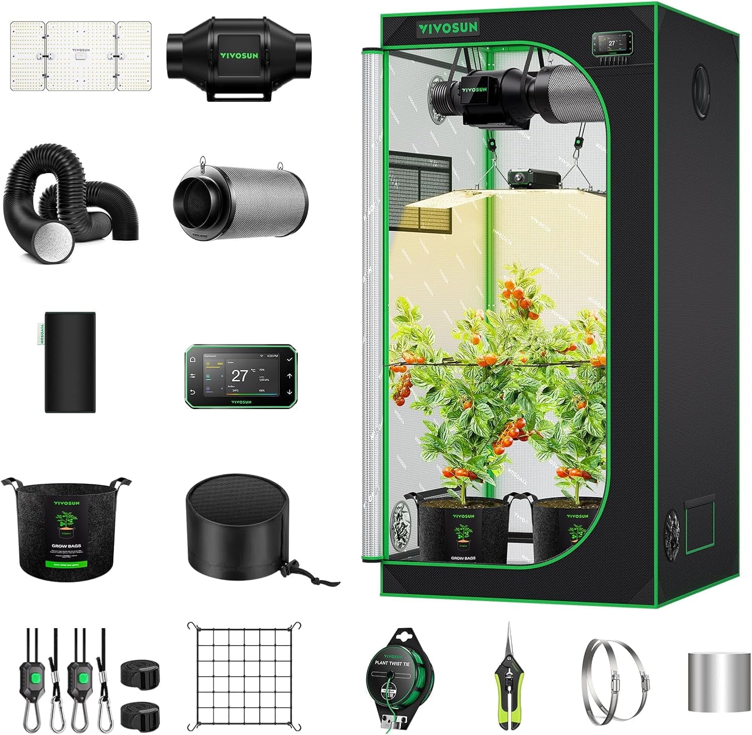 VIVOSUN Smart Grow Tent Full Set 60x60x120cm, sistema de cultivo automático WiFi integrado con luz LED de espectro completo de 100W y sistema de ventilación eficiente con controlador GrowHub E42A+