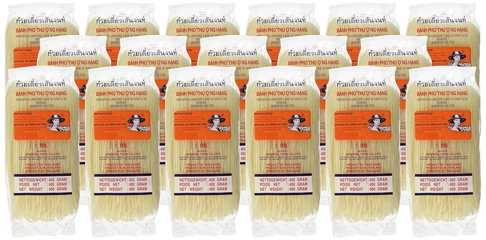 Fideos de arroz - tailandeses, fideos de cinta de arroz de 1 mm de ancho, hechos con harina de arroz - 17 x 400 g