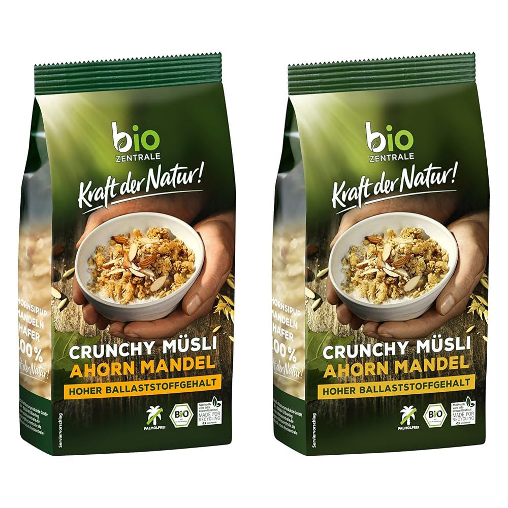 Muesli crujiente de arce y almendras | 375 g Muesli Crujiente Ecológico | Ideal para desayunar y tomar una taza de muesli para llevar | Vegano y sin aceite de palma (paquete de 2)