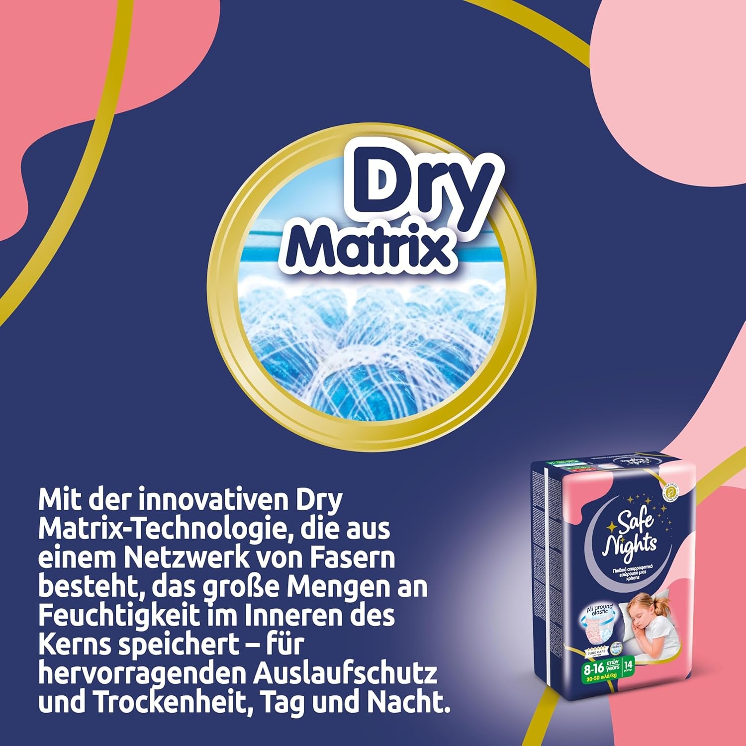 Safe Nights Girl, Ropa de dormir absorbente para niñas de 8 a 16 años (30 a 50 kg), paquete de 14