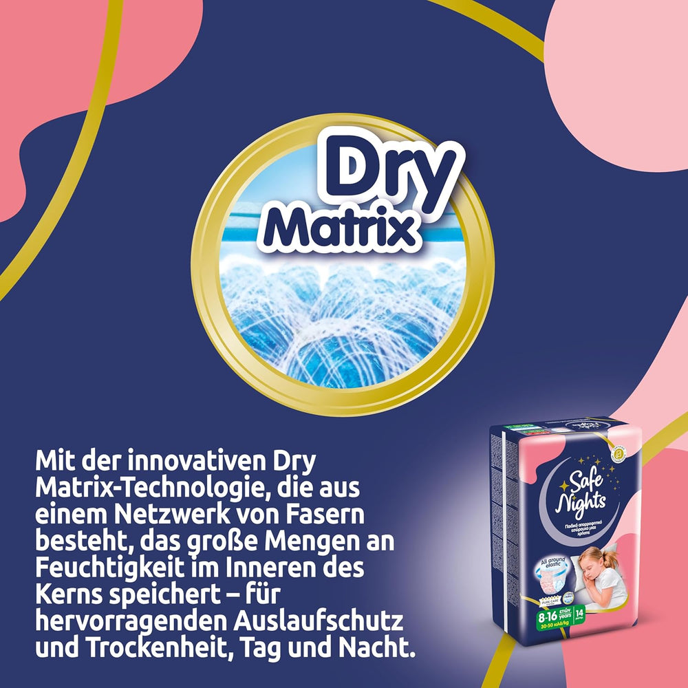 Safe Nights Girl, Ropa de dormir absorbente para niñas de 8 a 16 años (30 a 50 kg), paquete de 14