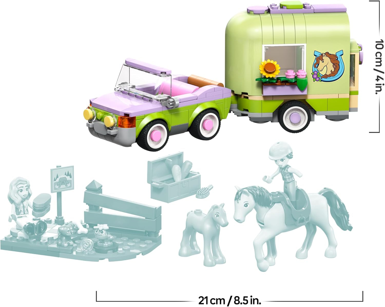 LEGO Friends Pferd und Fohlen mit Pferdeanhänger - Pferde Spielset mit Pflegezubehör, 4 Tierfiguren, Auto & 2 Mini Puppen - Geschenkeidee zum Geburtstag für Mädchen ab 7 Jahren - 42695