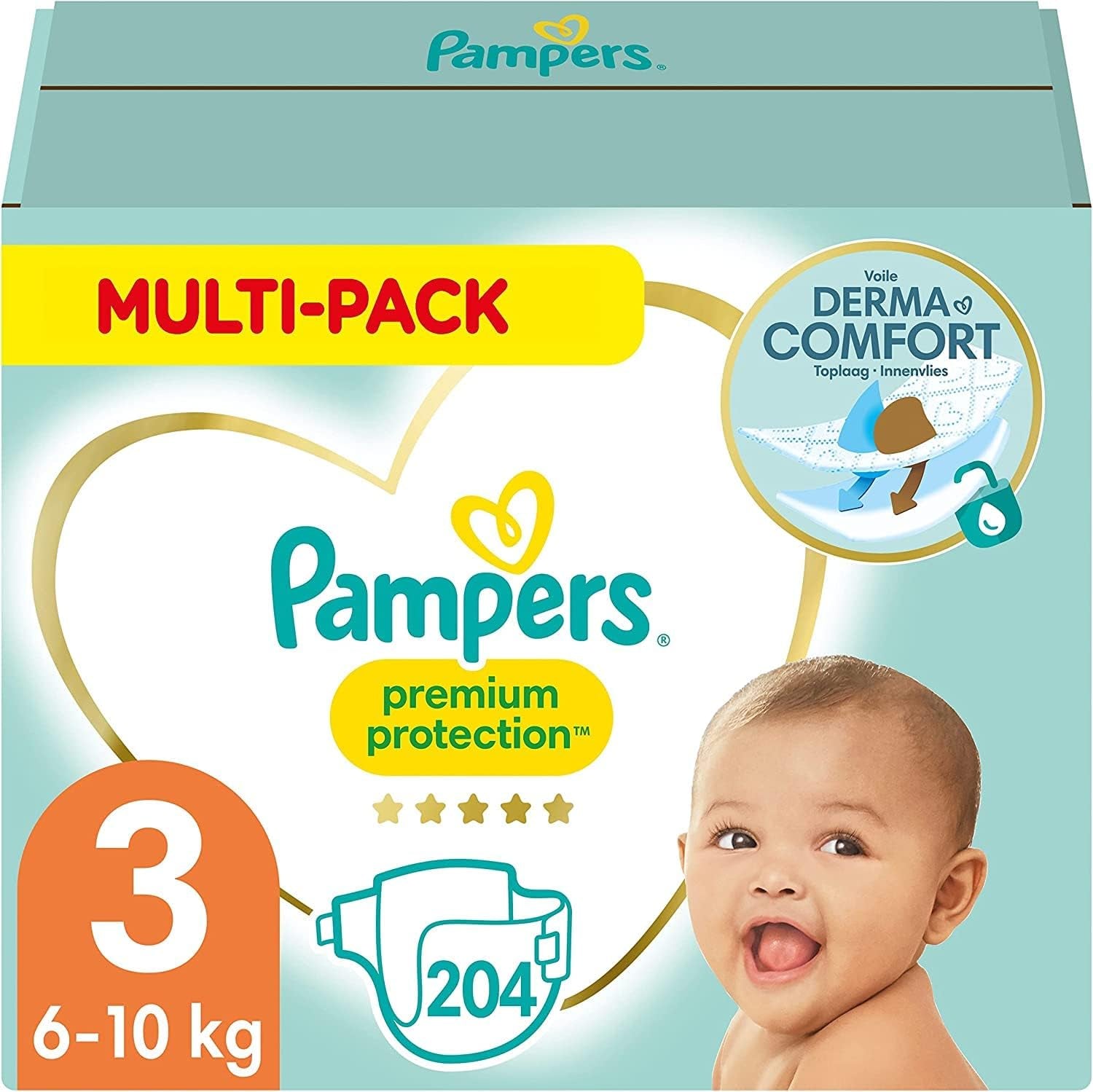 Pampers Premium Protection talla 6, 144 pañales, 13 kg-18 kg, nuestra protección número uno para la piel y las fugas