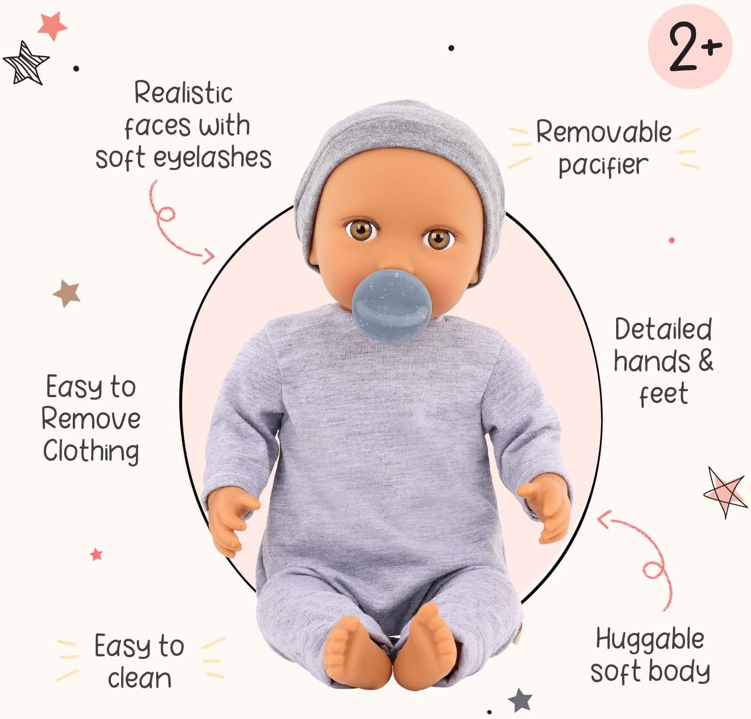 LullaBaby - Muñeco de bebé - Einteiler & Mütze - Muñeco de bebé realista de 36 cm - Ojos marrones avellana y cuerpo suave - Pelele y Schnuller-Zubehör - Juegos de simulación - Kinder 2 Jahre +