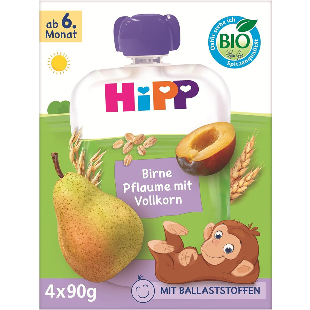 HiPP Bolsitas orgánicas de pera y ciruela, integrales, 16 piezas (4 paquetes de 4 x 90 g cada uno), para bebés a partir de 6 meses, sin azúcar añadido, vegano, la mejor calidad orgánica