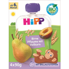 HiPP Bolsitas orgánicas de pera y ciruela, integrales, 16 piezas (4 paquetes de 4 x 90 g cada uno), para bebés a partir de 6 meses, sin azúcar añadido, vegano, la mejor calidad orgánica