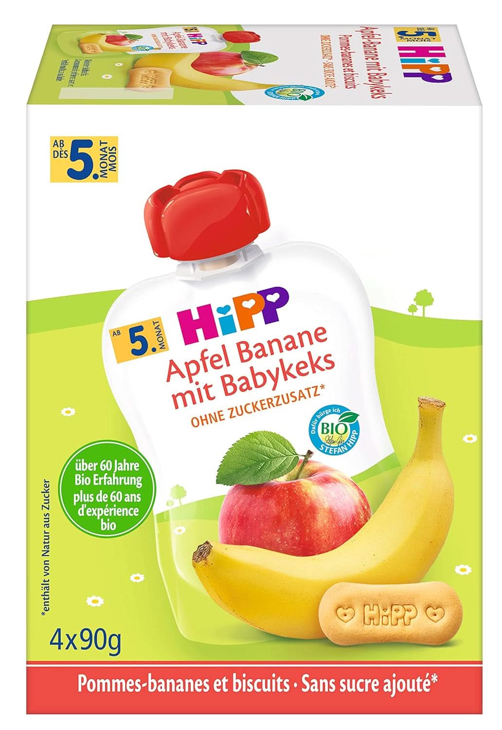 Bolsitas Hipp squeeze para bebés, papilla de frutas, melocotón de mango en plátano con avena, fruta 100% ecológica sin azúcares añadidos, 4 x 4 bolsas de 90 g Madre e Hijo Naty Shop 4 x 4 bolsas de 90 g Plátano con manzanas y galletas para niños
