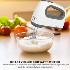 Mezclador Clatrónico | Motor Kraftvoller de 400 vatios | Batidora de mano | Turbostufe y 5 Geschwindigkeitsstufen | Batidora de mano | Spülmaschinengeeignete Edelstahlquirle Und -Knethaken | HM 3775 Cocina Tienda Naty
