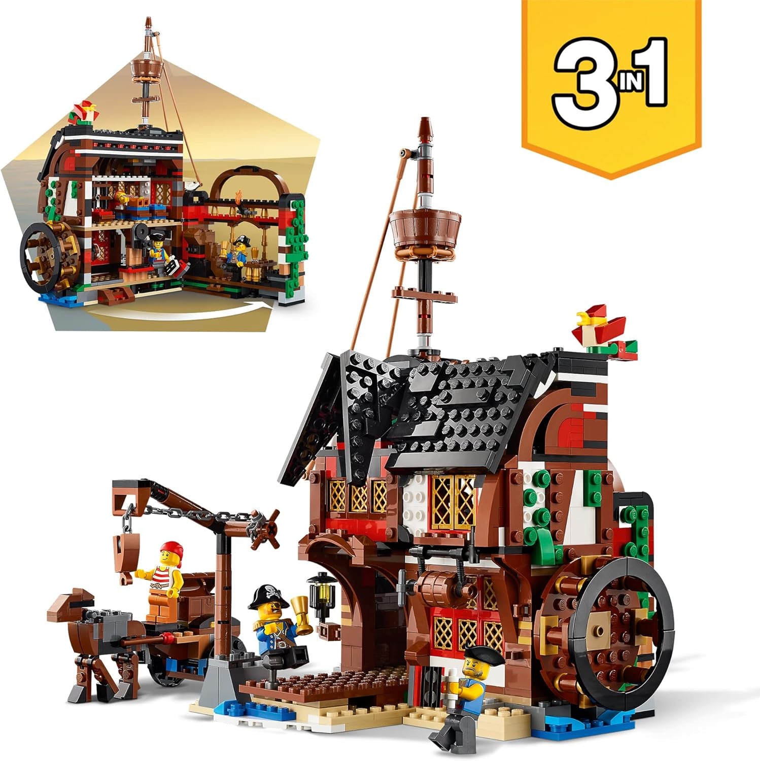 LEGO Creator Juego de Barco Pirata 3 en 1, Juguete con 3 Opciones de Construcción, Construye una Taberna Pirata o una Isla Pirata Calavera, Incluye 3 Minifiguras de Aventuras de Juego de Roles 31109 Juegos de Construcción Besuche den LEGO-Store