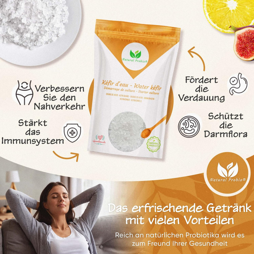 Natural Probio® Wasserkefir, Kefirpilz, Japankristalle, Kefirknollen, Starter Set + Anleitung, Rezept, Tipps, E-Book & Rezeptbibliothek + Kundenservice auf Lebenszeit (10 g deshidratado/60 g rehidratado)