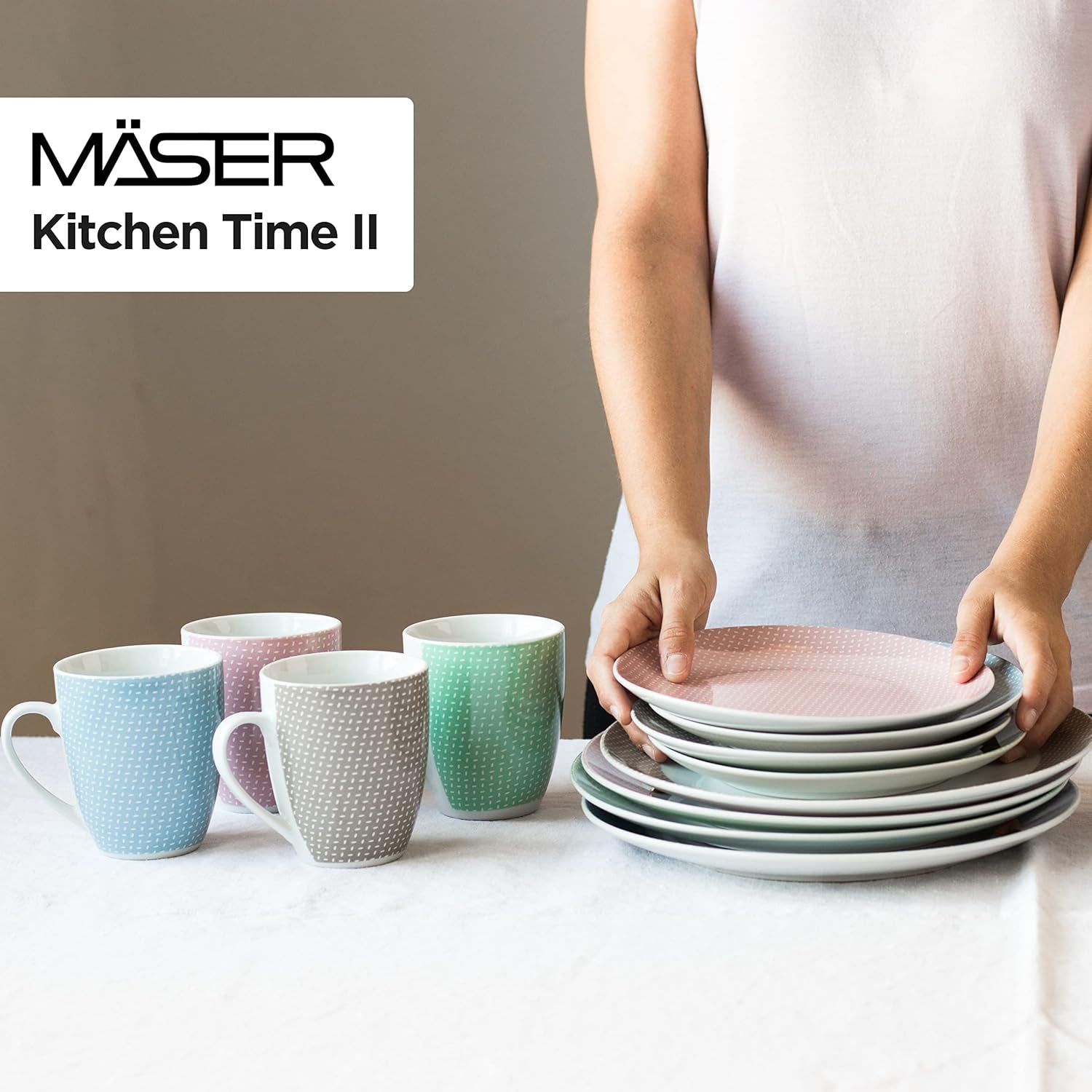 MÄSER Kitchen Time II, Set de veselă pentru 4 persoane, Serviciu combinat cu 16 piese în culori pastelate cu model subtil, Porțelan, Roz
