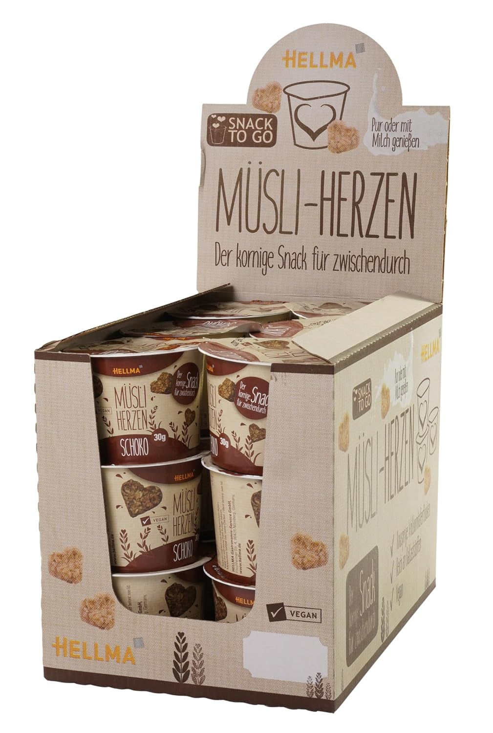 HELLMA Corazones con Muesli y Chocolate - 18 porciones de 30 g cada una - Avena cubierta de chocolate en forma de corazón, vasos para llevar