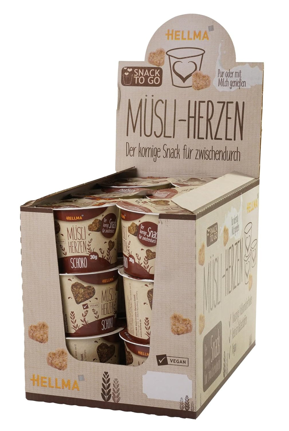 HELLMA Corazones con Muesli y Chocolate - 18 porciones de 30 g cada una - Avena cubierta de chocolate en forma de corazón, vasos para llevar