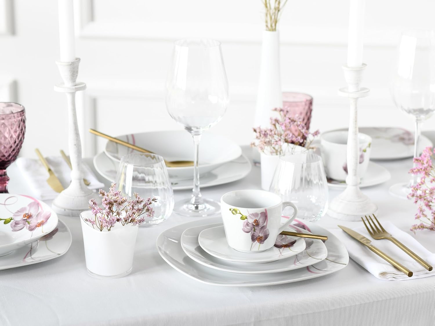 CreaTable, 24024, seria Square Orchid, set de veselă cu 18 piese pentru 6 persoane, serviciu de cafea din porțelan, potrivit pentru mașina de spălat vase și cuptorul cu microunde, producție de calitate