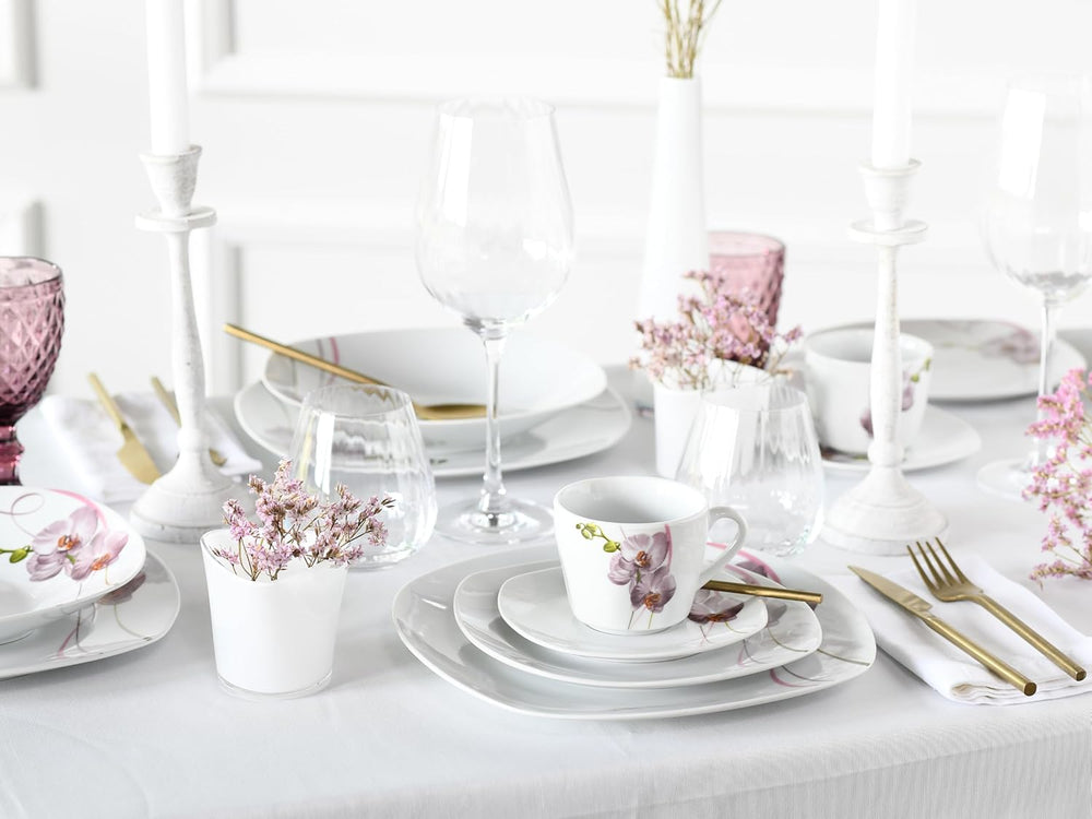CreaTable, 24024, seria Square Orchid, set de veselă cu 18 piese pentru 6 persoane, serviciu de cafea din porțelan, potrivit pentru mașina de spălat vase și cuptorul cu microunde, producție de calitate