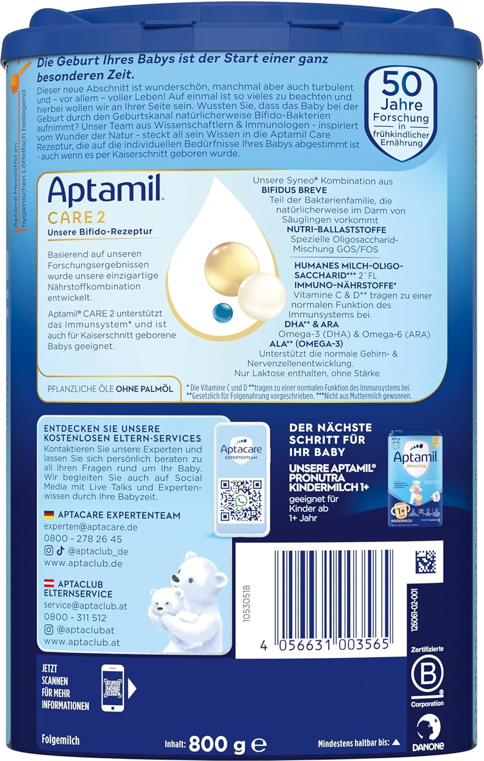 Aptamil Care 2 – También apto para bebés nacidos por cesárea – 1 x 800 g
