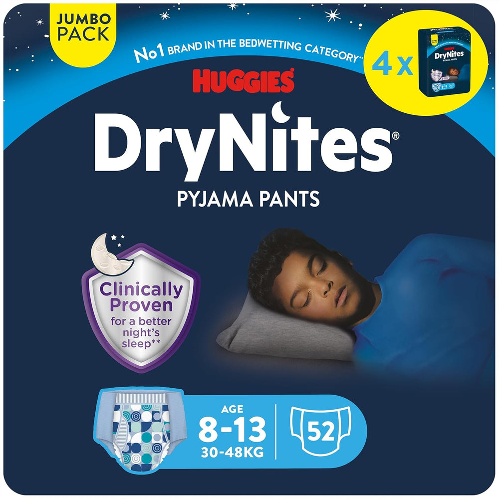 Huggies DryNites Pañales súper absorbentes para mojar de noche para niños de 8 a 13 años (30 a 48 kg), 27 unidades (3 x 9 unidades) Pañales tipo panty