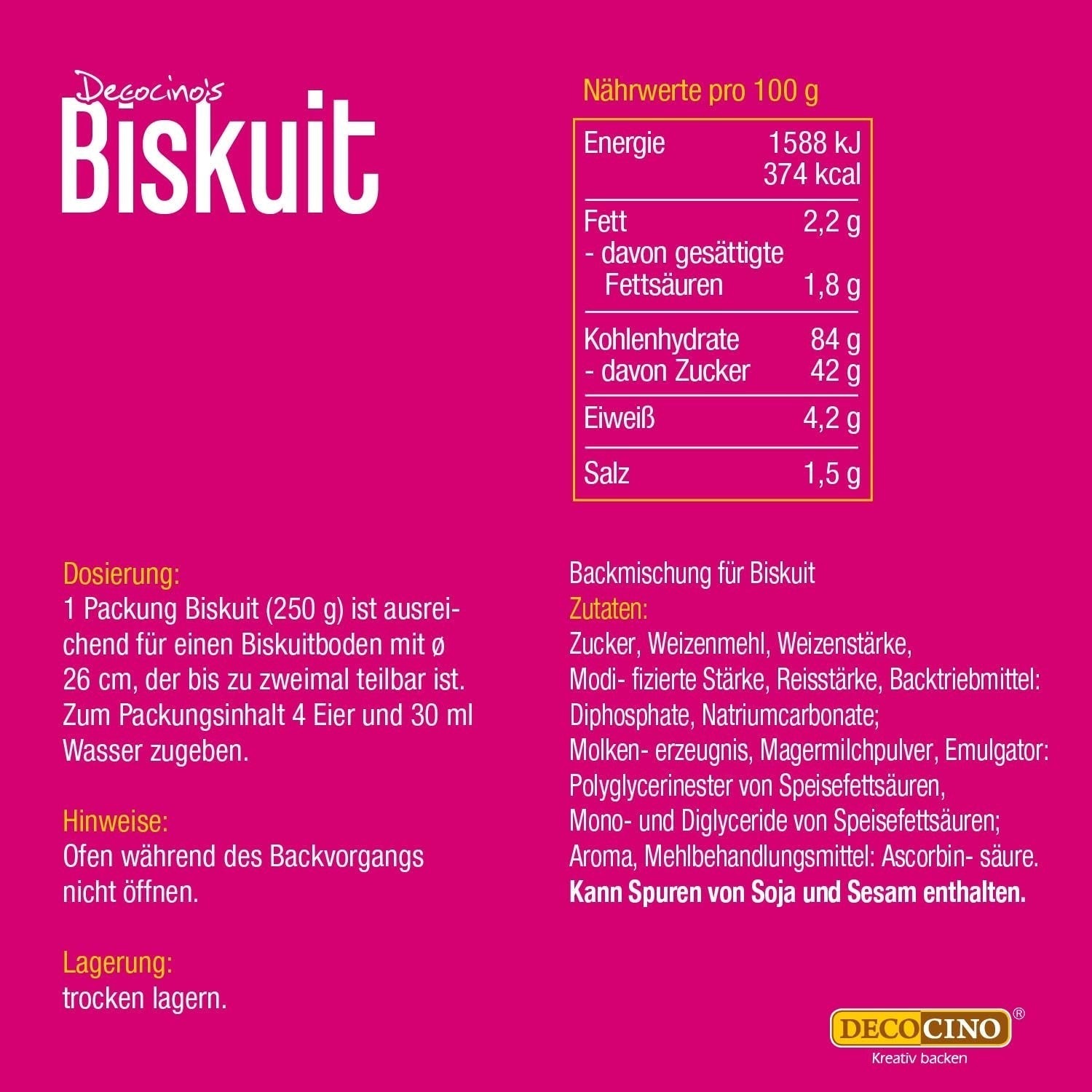DECOCINO Biscuit Backmischung (250 G) – Einfache Zubereitung – Gelingsicher – Zum Backen Von Luftigen Biskuitböden, Creme-Torten, Biskuitrollen Uvm. Tienda Naty