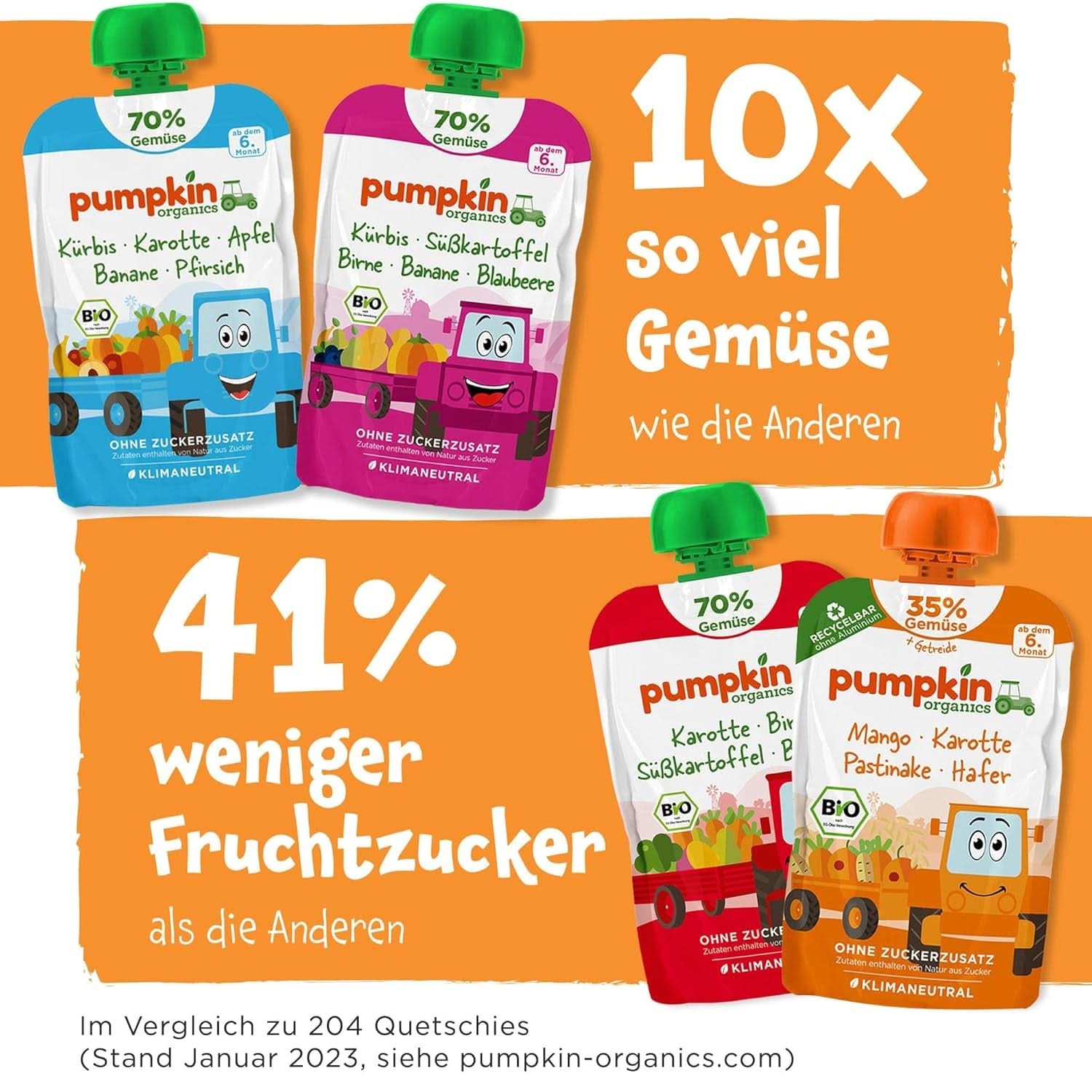 Pumpkin Organics 24Pack, puré de verduras ecológico, sin azúcares añadidos, para bebés a partir de 6 meses, 24 x 100 gramos Madre e Hijo Naty Shop