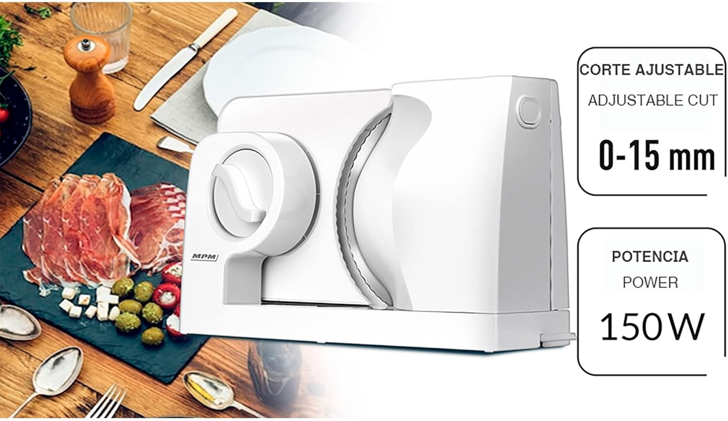 MPM MKR-05 Cortadora eléctrica universal, espesor de corte regulable hasta 15 mm, 150 W Trituradoras y Rebanadoras Naty Shop