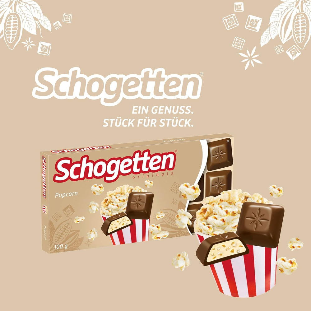 Palomitas Schogetten 1 barra de chocolate x 100g, chocolate con leche con palomitas y trozos de maíz, prácticas piezas individuales. Un manjar. Pieza por pieza.
